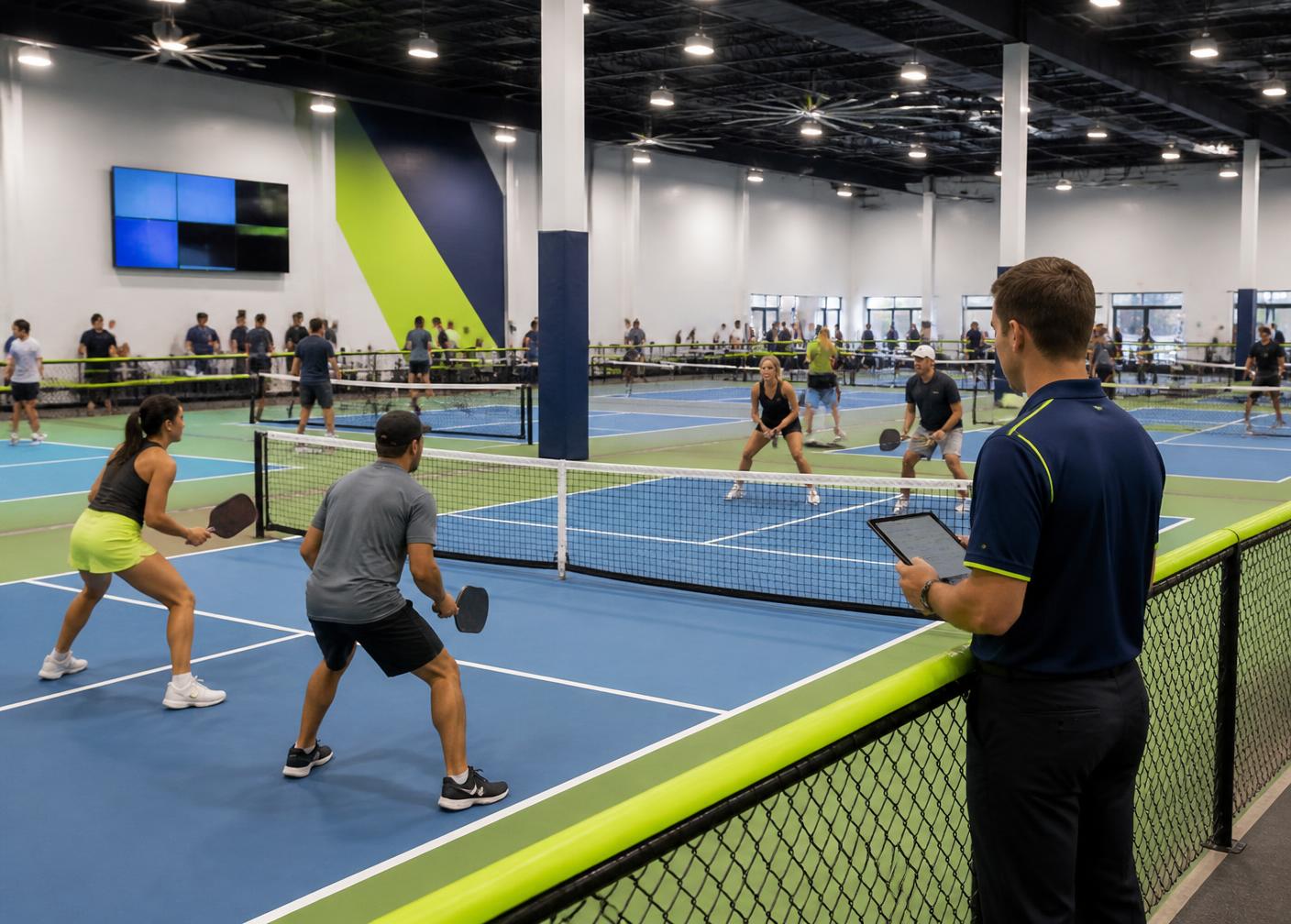 Professional indoor pickleball venue running several courts